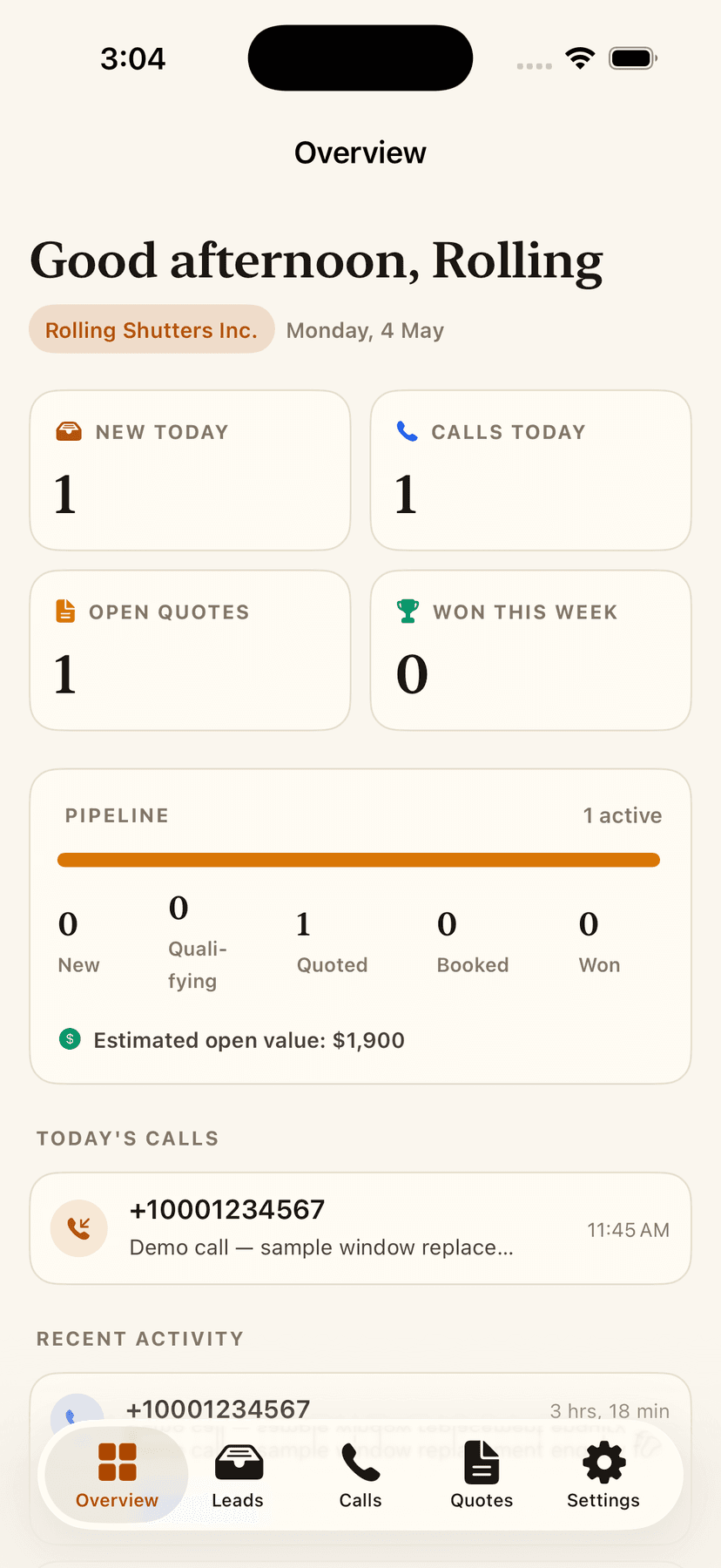 Workflow Auth iOS Overview screen showing today's leads, calls, pipeline and recent activity